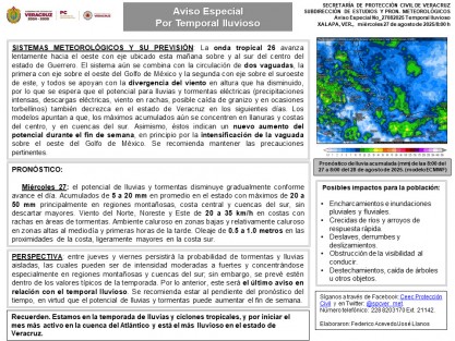 Miércoles 27: el potencial de lluvias y tormentas disminuye gradualmente conforme avance el día.
