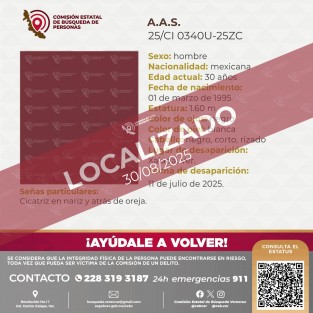 Localizan con vida a Antonio Aldazaba Sánchez, joven originario de Xalapa, Veracruz, quien fue reportado como desaparecido desde el pasado 11 de julio. Fue hallado en el estado de Tlaxcala, en situación de calle y con golpes visibles, según confirmaron autoridades de esa entidad.