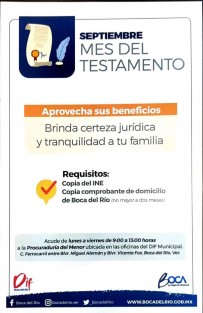 Con el objetivo de fomentar la cultura de la previsión y garantizar certeza jurídica al patrimonio de las familias, el Ayuntamiento de Boca del Río se suma a la campaña “Septiembre, Mes del Testamento”, una iniciativa de gran importancia social que busca que más ciudadanos actúen responsablemente para no heredar problemas a sus seres queridos.