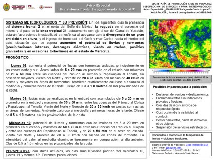 En los siguientes días la presencia del sistema frontal 2 en el norte del Golfo de México, la vaguada en el suroeste del mismo y el paso de la onda tropical 31, actualmente con eje al sur del Canal de Yucatán; estarán favoreciendo inestabilidad atmosférica al apoyarse con la divergencia de un gran anticiclón en altura, y el ingreso de humedad del Golfo y mar Caribe hacia el interior del país, situación que se espera aumenten el potencial de lluvias y tormentas (precipitaciones intensas, descargas eléctricas, viento en rachas, posibles granizadas y en ocasiones torbellinos) en el estado de Veracruz.