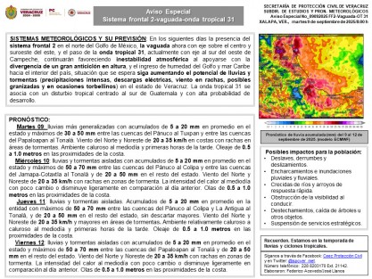 En los siguientes días la presencia del sistema frontal 2 en el norte del Golfo de México, la vaguada ahora con eje sobre el centro y suroeste del este, y el paso de la onda tropical 31