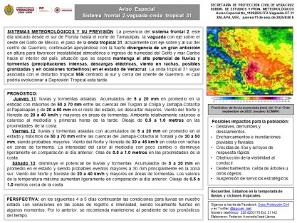 La presencia del sistema frontal 2, este día ubicado desde el sur de Florida hasta el norte de Tamaulipas, la vaguada con eje sobre el oeste del Golfo de México, el paso de la onda tropical 31