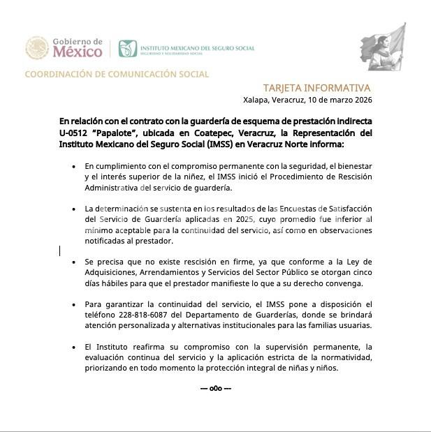 IMSS inició el procedimiento de rescisión administrativa del servicio de guardería.