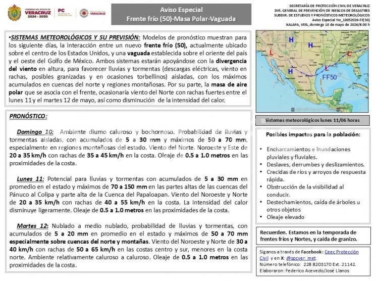Domingo 10:  Ambiente diurno caluroso y bochornoso. Probabilidad de lluvias y tormentas aisladas, con acumulados de 5 a 30 mm y máximos de 50 a 70 mm, especialmente en regiones montañosas del estado. 
