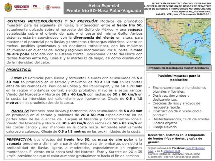 Lunes 11: Potencial para lluvias y tormentas aisladas con acumulados de 5 a 30 mm en promedio en el estado y máximos de 70 a 150 mm en las partes altas de las cuencas del Pánuco al Colipa y del Papaloapan, y de 50 a 70 mm en la región montañosa central, siendo probables mayores a estos rangos. 