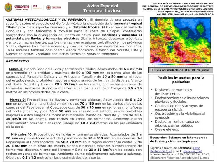  Lunes 8: Probabilidad de lluvias y tormentas aisladas. Acumulados de 5 a 20 mm en promedio en la entidad y máximos de 50 a 100 mm en las partes altas de las cuencas del Pánuco al Colipa y La Antigua al Tonalá y de 20 a 50 mm en el resto del estado, siendo probables mayores a estos rangos de forma más dispersa. Viento del Norte, Noreste y Este de 20 a 35 km/h en las costas, con rachas en zonas de tormentas. Ambiente diurno relativamente caluroso a caluroso. Oleaje de 0.5 a 1.5 metros en las proximidades de la costa.