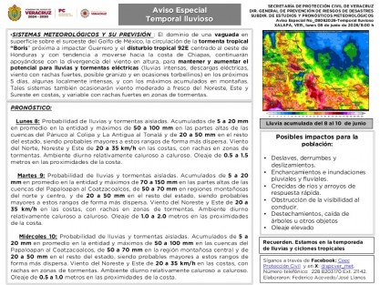  Lunes 8: Probabilidad de lluvias y tormentas aisladas. Acumulados de 5 a 20 mm en promedio en la entidad y máximos de 50 a 100 mm en las partes altas de las cuencas del Pánuco al Colipa y La Antigua al Tonalá y de 20 a 50 mm en el resto del estado, siendo probables mayores a estos rangos de forma más dispersa. Viento del Norte, Noreste y Este de 20 a 35 km/h en las costas, con rachas en zonas de tormentas. Ambiente diurno relativamente caluroso a caluroso. Oleaje de 0.5 a 1.5 metros en las proximidades de la costa.