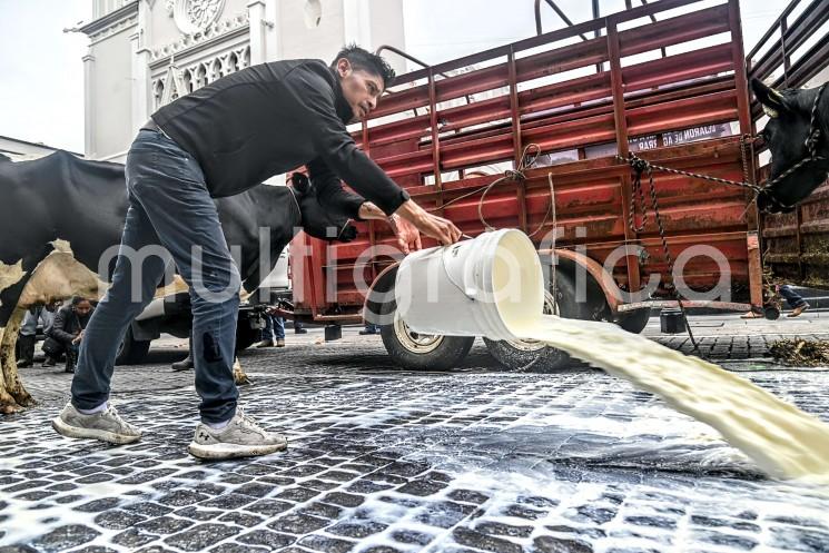 Tiran y regalan leche en protesta frente a Palacio de Gobierno
