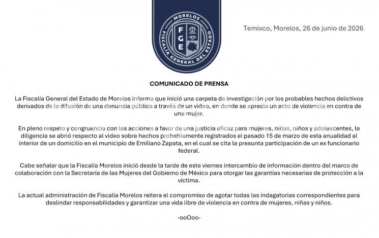 Fiscalía de Morelos investiga a Víctor Rodríguez Padilla tras la acusación de su esposa, María Felicia Jiménez. 