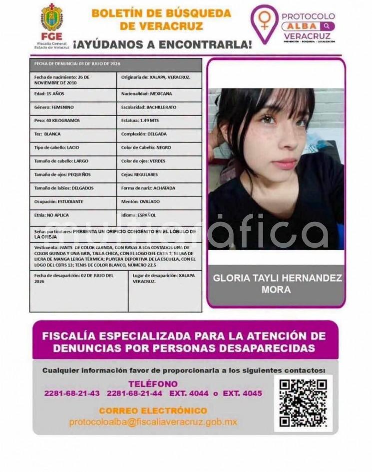 Desaparicio?n de estudiante de 15 an?os en Xalapa moviliza a su familia; piden apoyo para localizarla 
