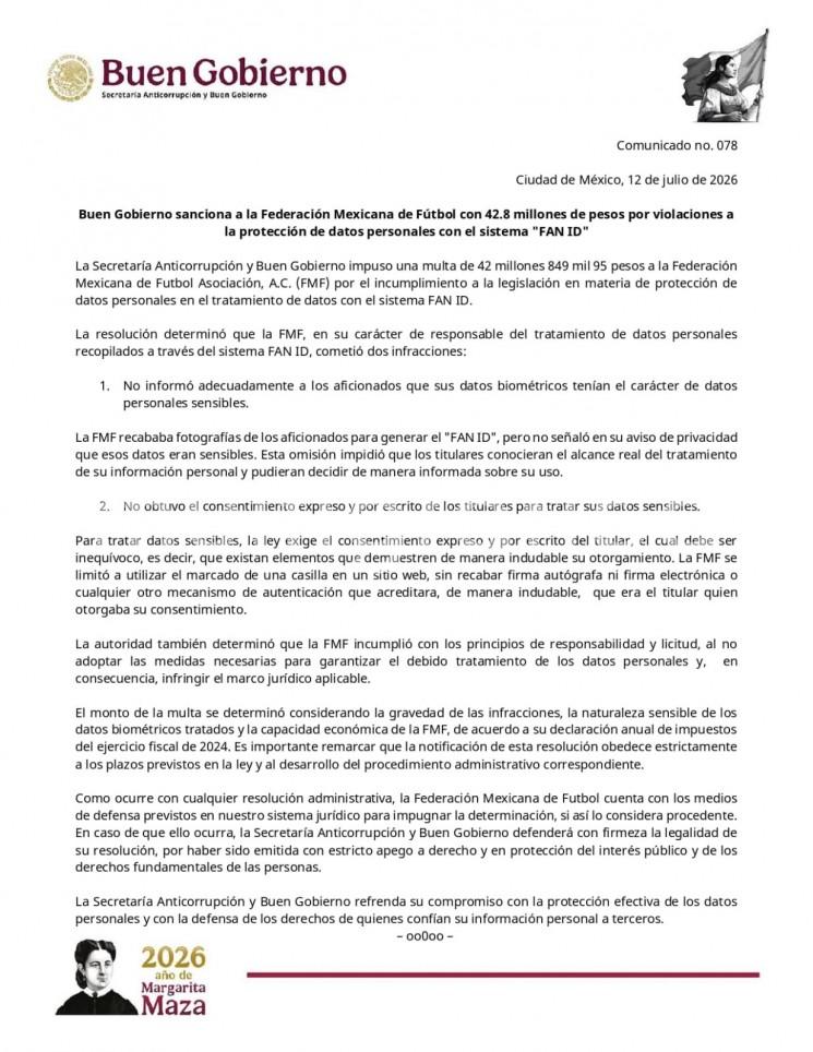 Buen Gobierno sanciona a la Federación Mexicana de Fútbol con 42.8 millones de pesos por violaciones a la protección de datos personales con el sistema FAN ID.
