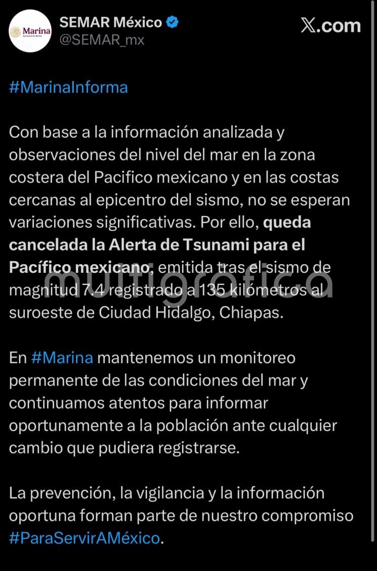 Activan protocolos tras sismo de magnitud 7.4 en Chiapas; SEMAR cancela alerta de tsunami