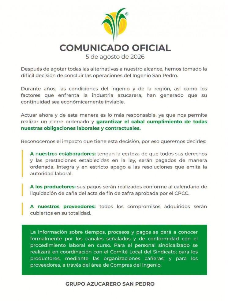 Ingenio San Pedro baja la cortina; garantizan pagos a trabajadores y productores
