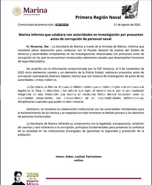 Marina informa que colabora con autoridades en investigación por presuntos actos de corrupción de personal naval 
