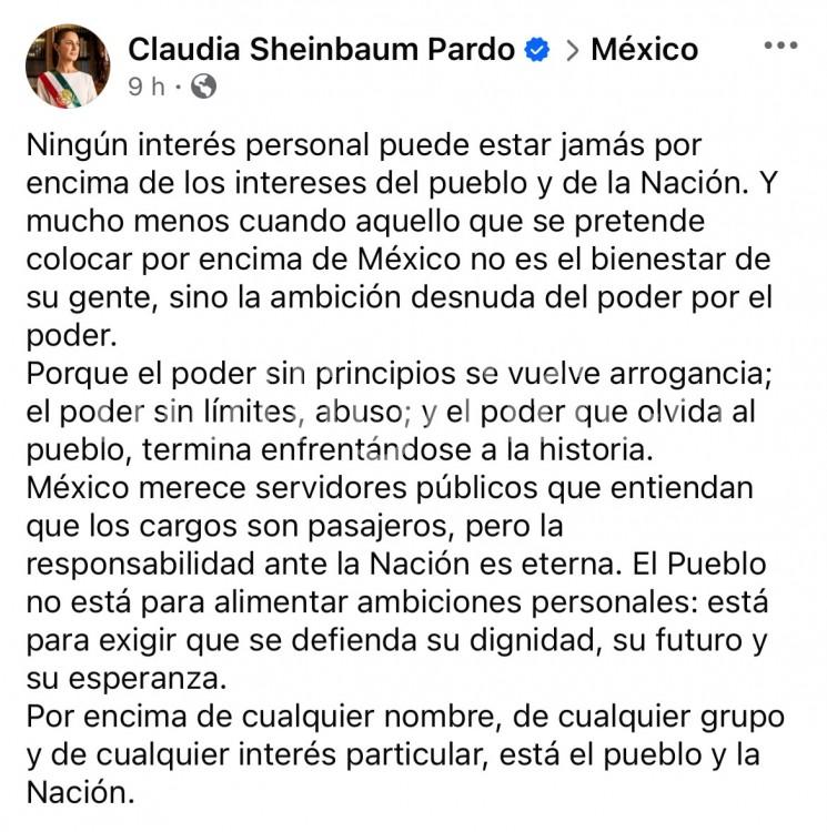 Sheinbaum: Ningún interés personal puede estar jamás por encima de los intereses del pueblo y de la Nación