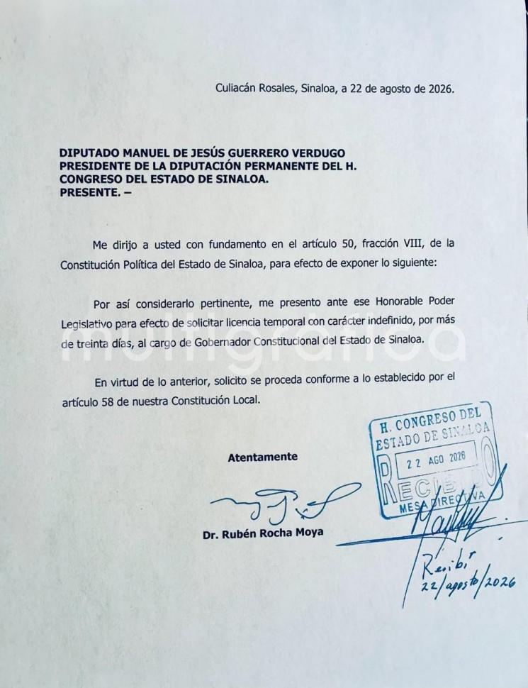 Pide Rocha otra vez licencia como Gobernador