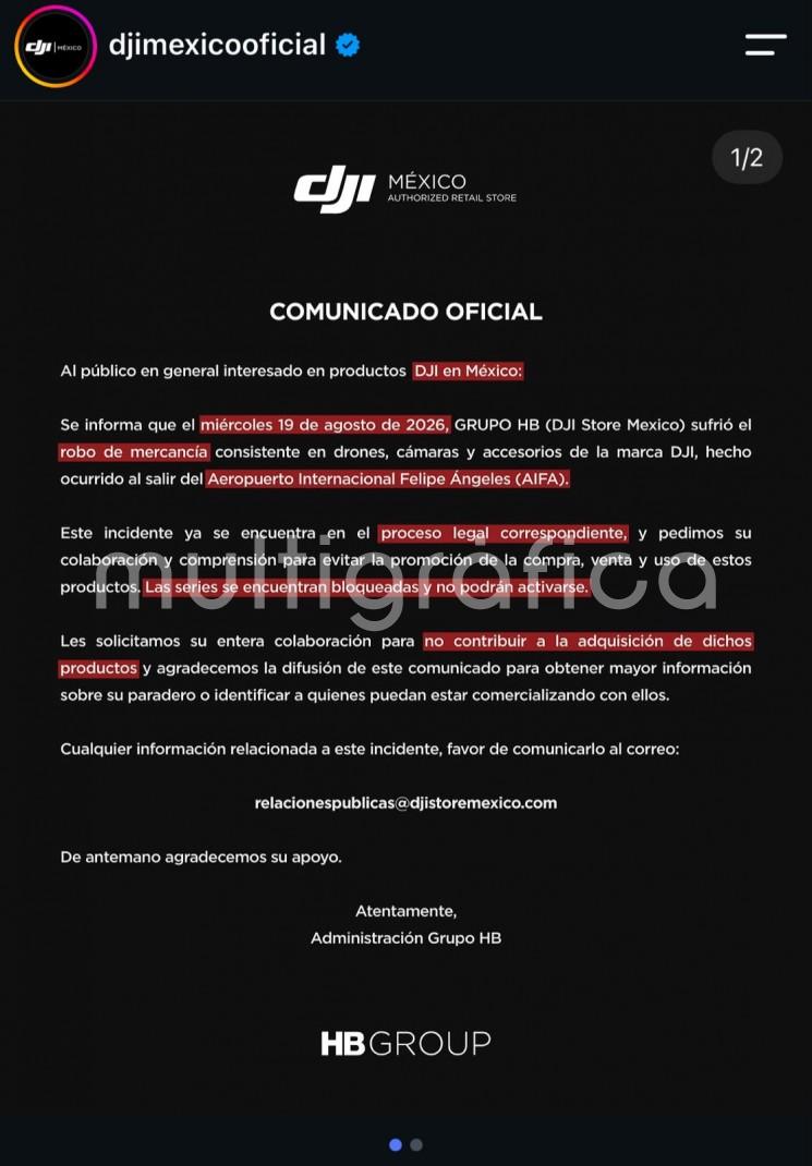 Reportan robo de más de 300 drones, cámaras y accesorios DJI en el AIFA; números de serie fueron bloqueados