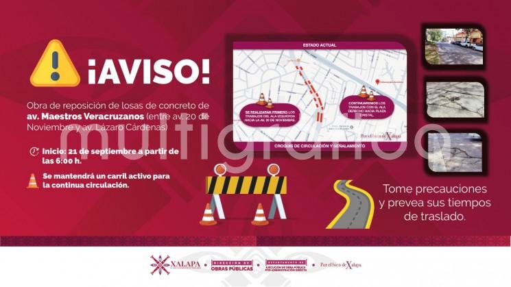 El lunes inician trabajos de reparación en avenida Maestros Veracruzanos; durarán 14 días