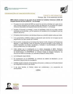 IMSS entrega expedientes clínicos a cuatro familias tras la muerte de cinco bebés en Durango

