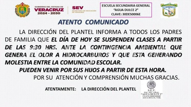 Suspenden clases en Agua Dulce por fuerte olor a amoníaco; también lo reportan en Tabasco