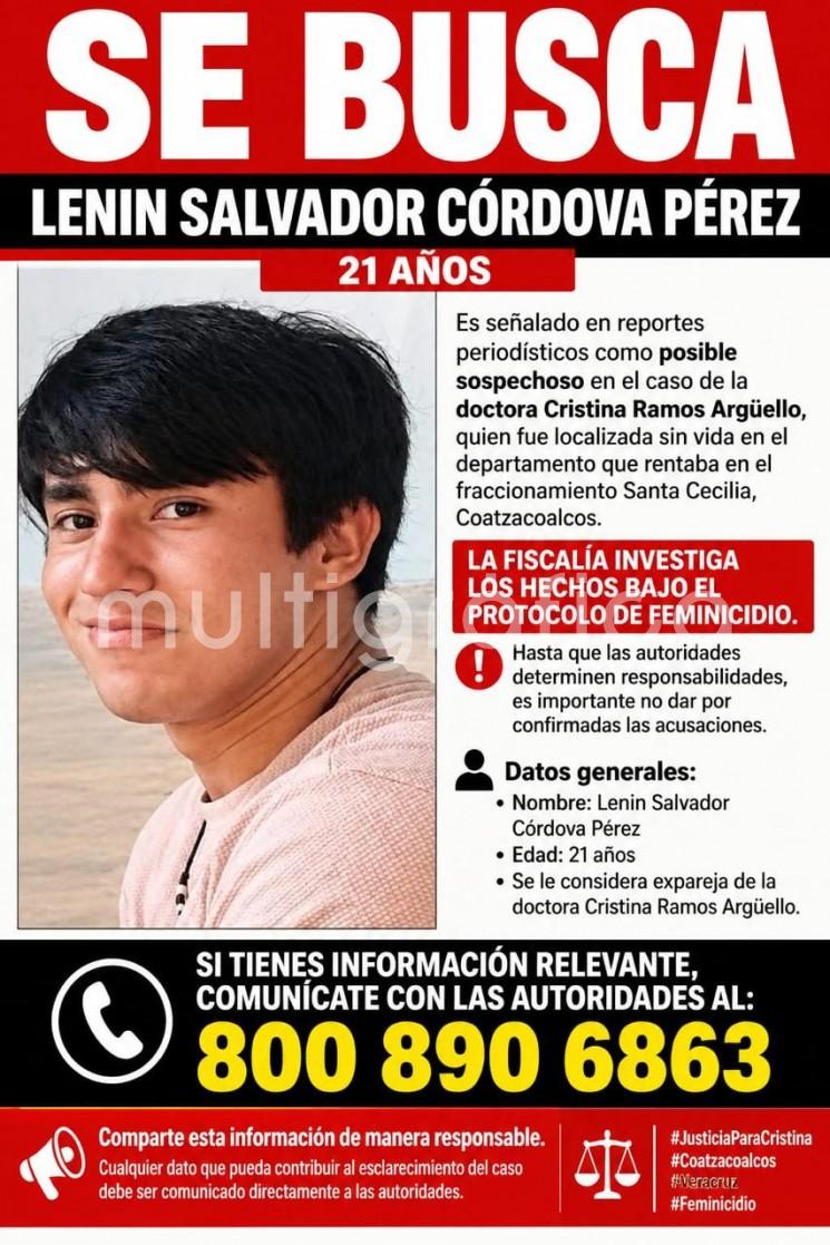 Buscan a Lenin Salvador Córdova Pérez por caso de la doctora Cristina