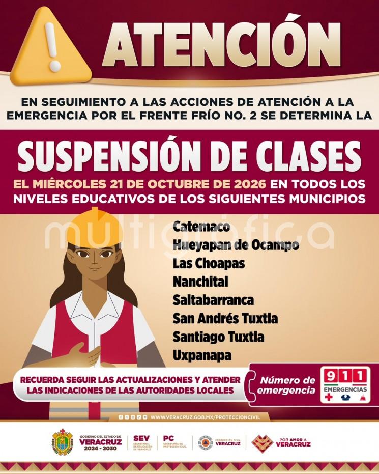 Continúa suspensión de clases en 8 municipios en el sur de Veracruz