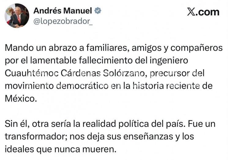 AMLO despide a Cuauhtémoc Cárdenas: -Sin él, otra sería la realidad política del país-